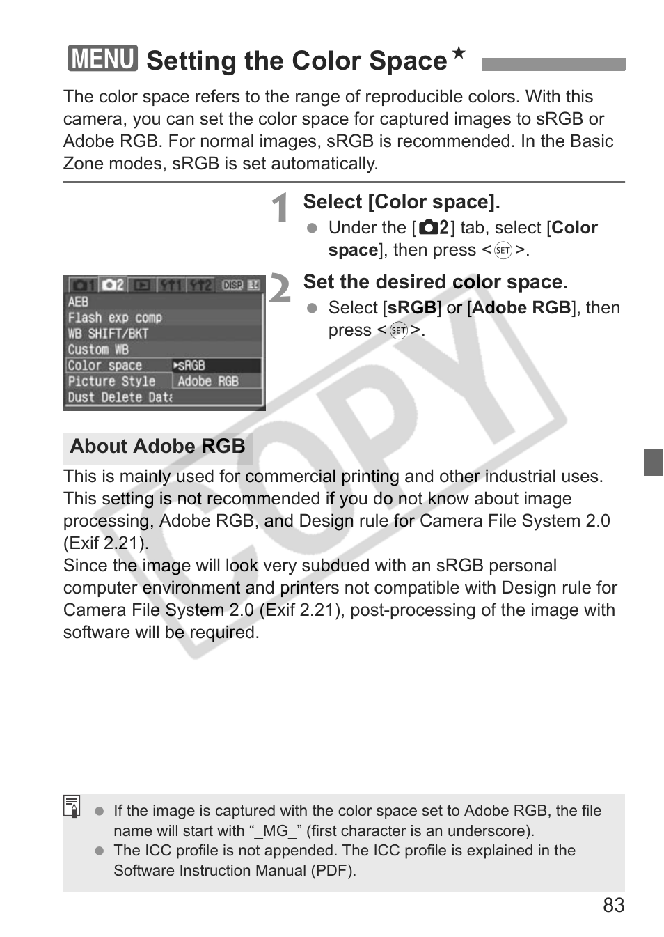 Setting the color space n | Canon EOS Rebel XTI User Manual | Page 83 / 180