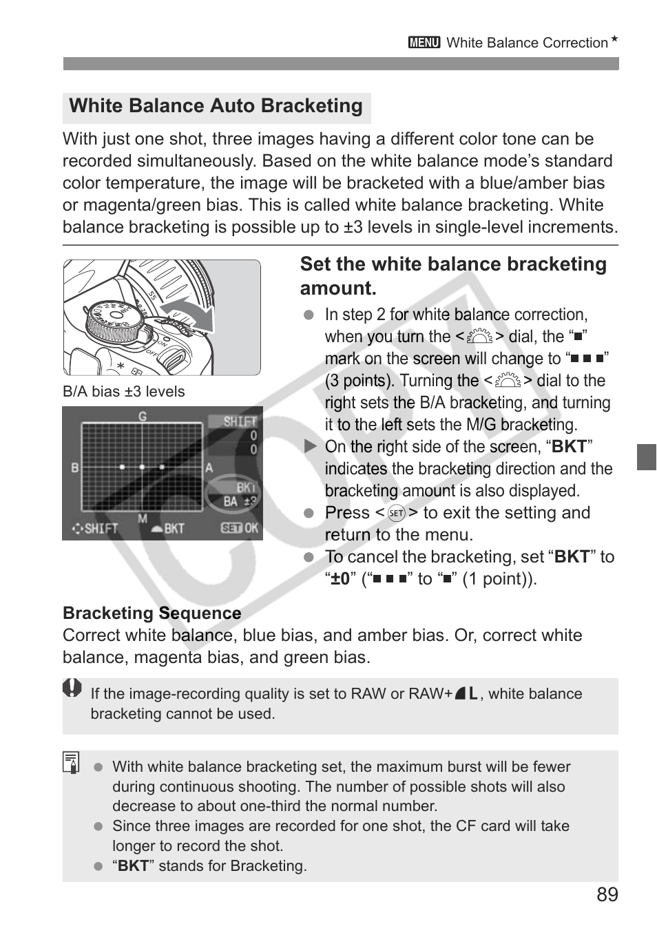 Set the white balance bracketing amount, White balance auto bracketing | Canon EOS Rebel XTI User Manual | Page 89 / 180