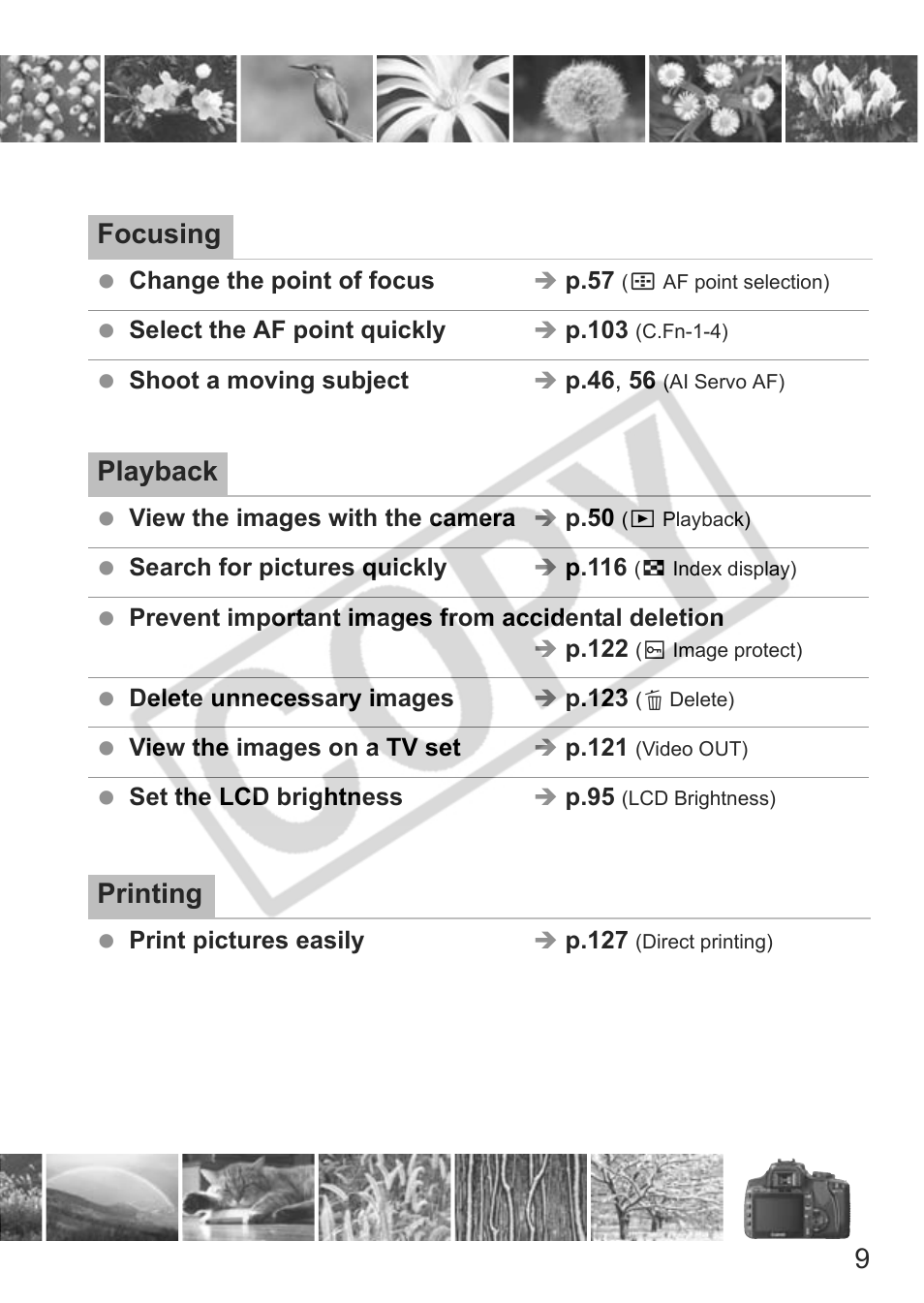 9focusing, Playback, Printing | Canon EOS Rebel XTI User Manual | Page 9 / 180