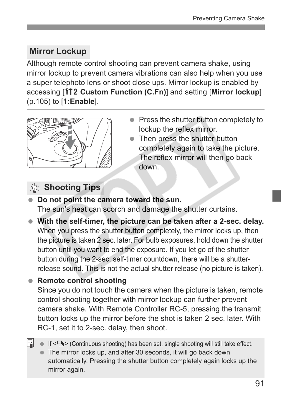 Mirror lockup shooting tips | Canon EOS Rebel XTI User Manual | Page 91 / 180