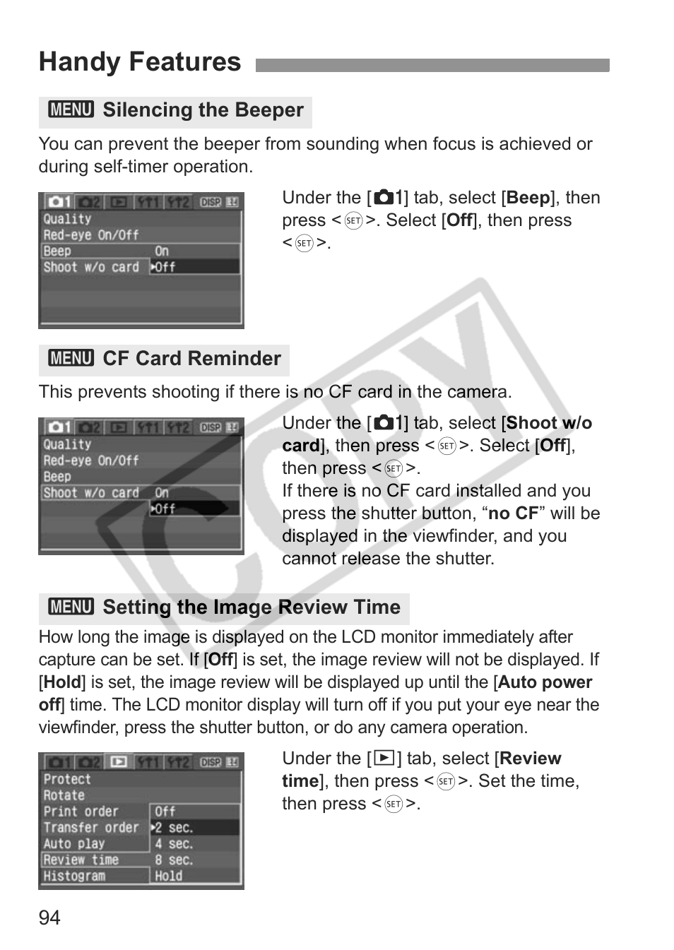 Handy features | Canon EOS Rebel XTI User Manual | Page 94 / 180