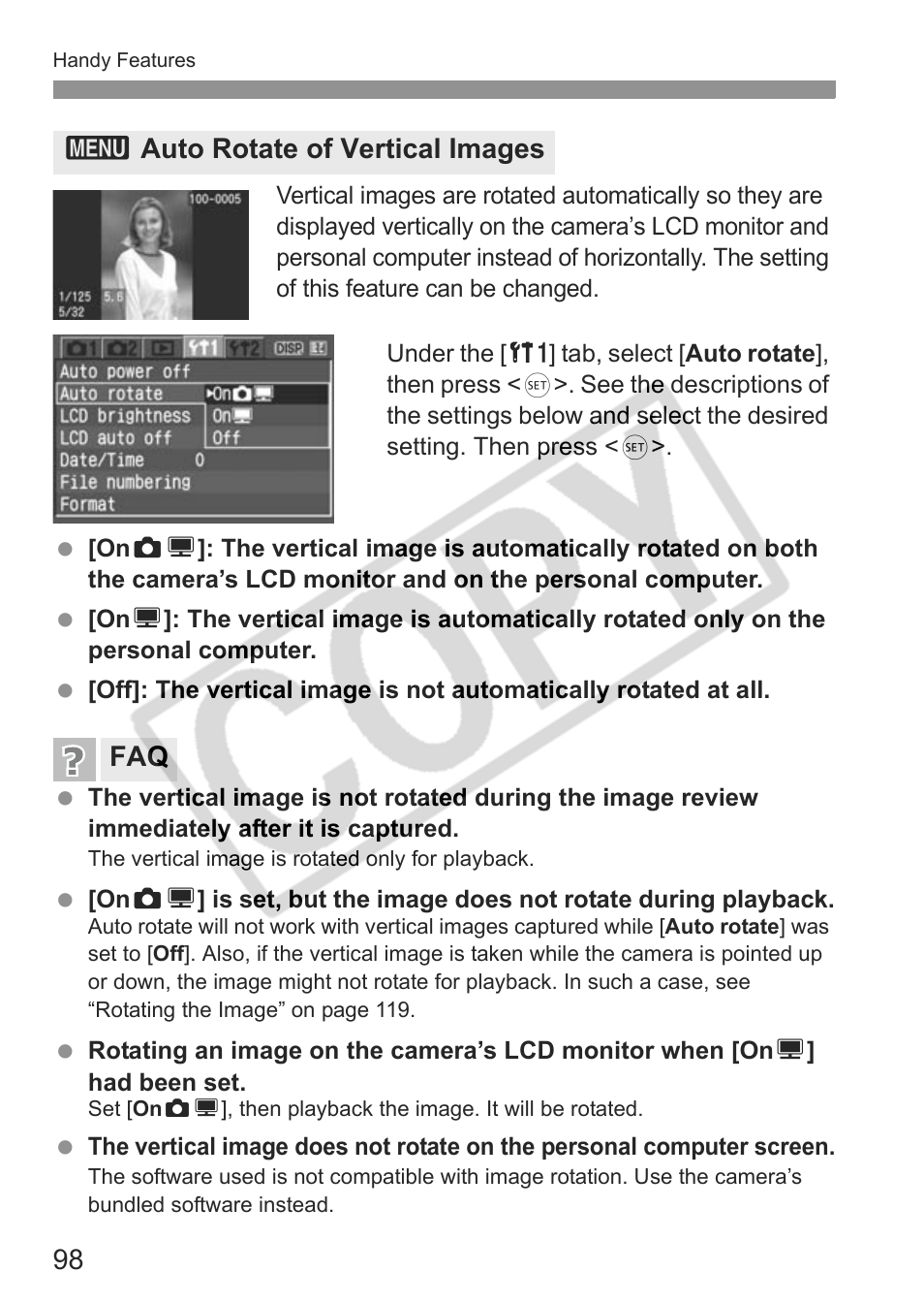 3auto rotate of vertical images faq | Canon EOS Rebel XTI User Manual | Page 98 / 180