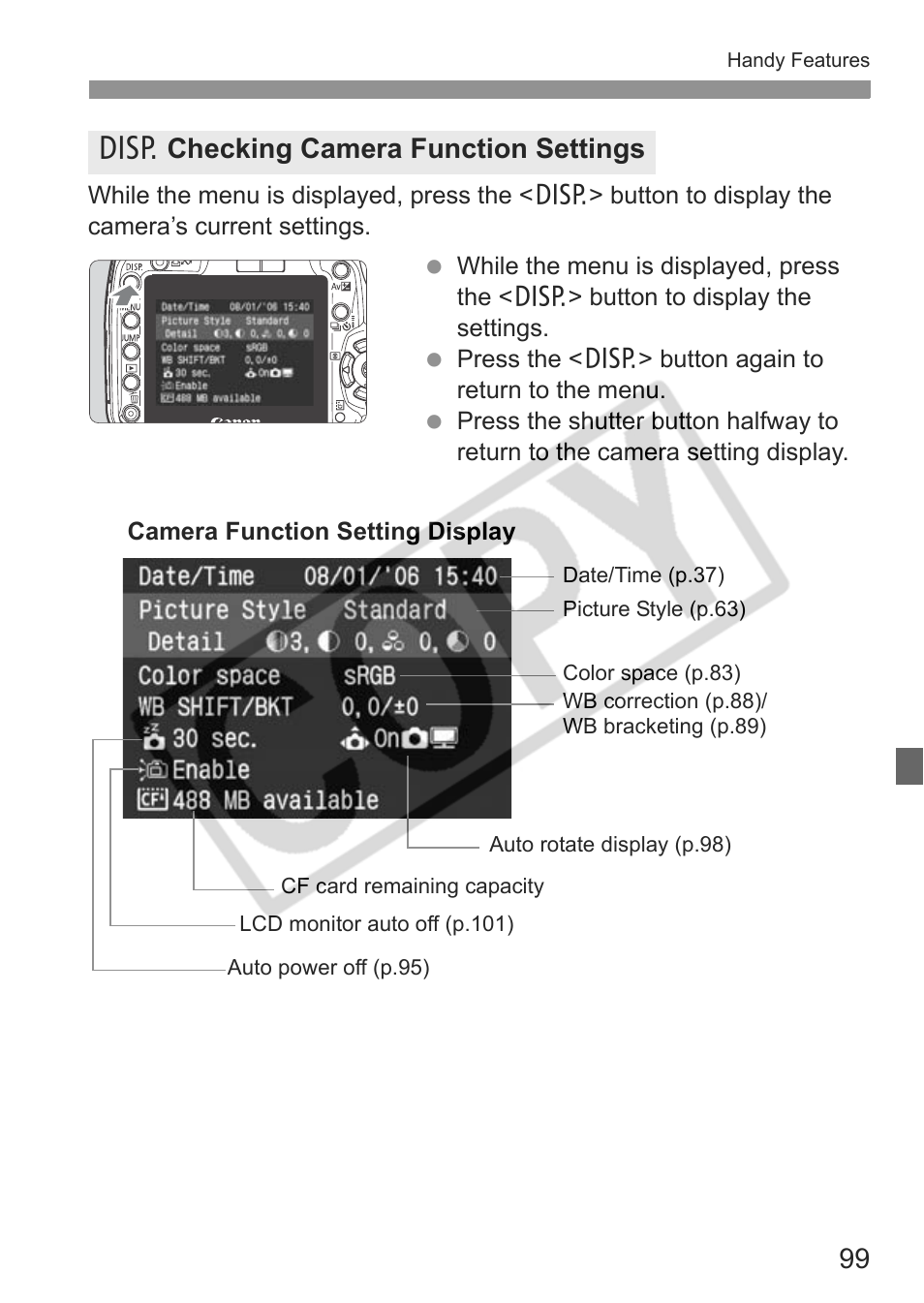Bchecking camera function settings | Canon EOS Rebel XTI User Manual | Page 99 / 180