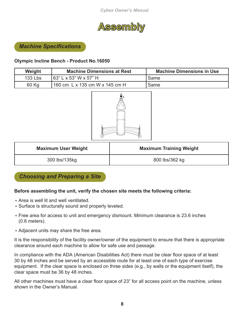 Assembly, Machine specifications, Choosing and preparing a site | Cybex 16050 Free Weight Olympic Incline Press User Manual | Page 8 / 18
