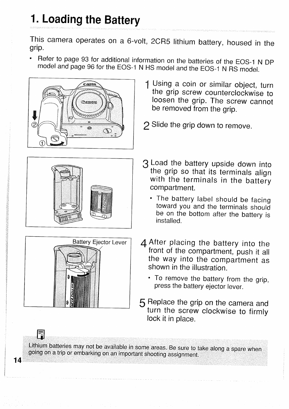 Loading the battery | Canon EOS 1 N User Manual | Page 14 / 30