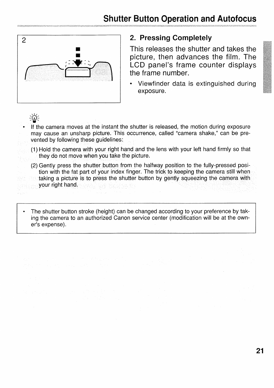 Viewfinder data is extinguished during exposure, Shutter button operation and autofocus | Canon EOS 1 N User Manual | Page 21 / 30