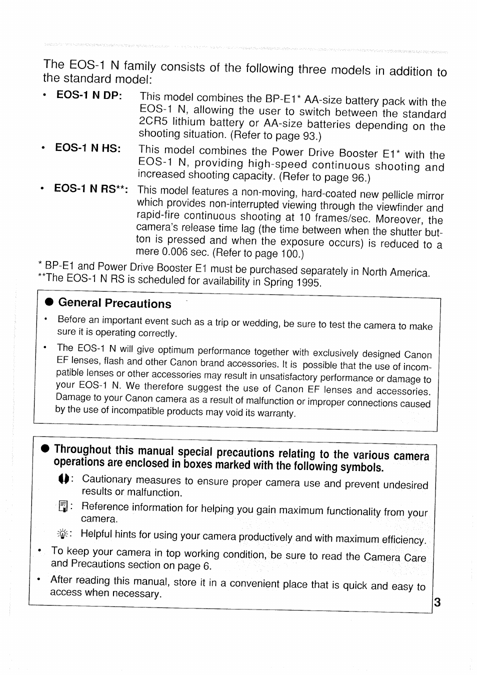 General precautions | Canon EOS 1 N User Manual | Page 3 / 30