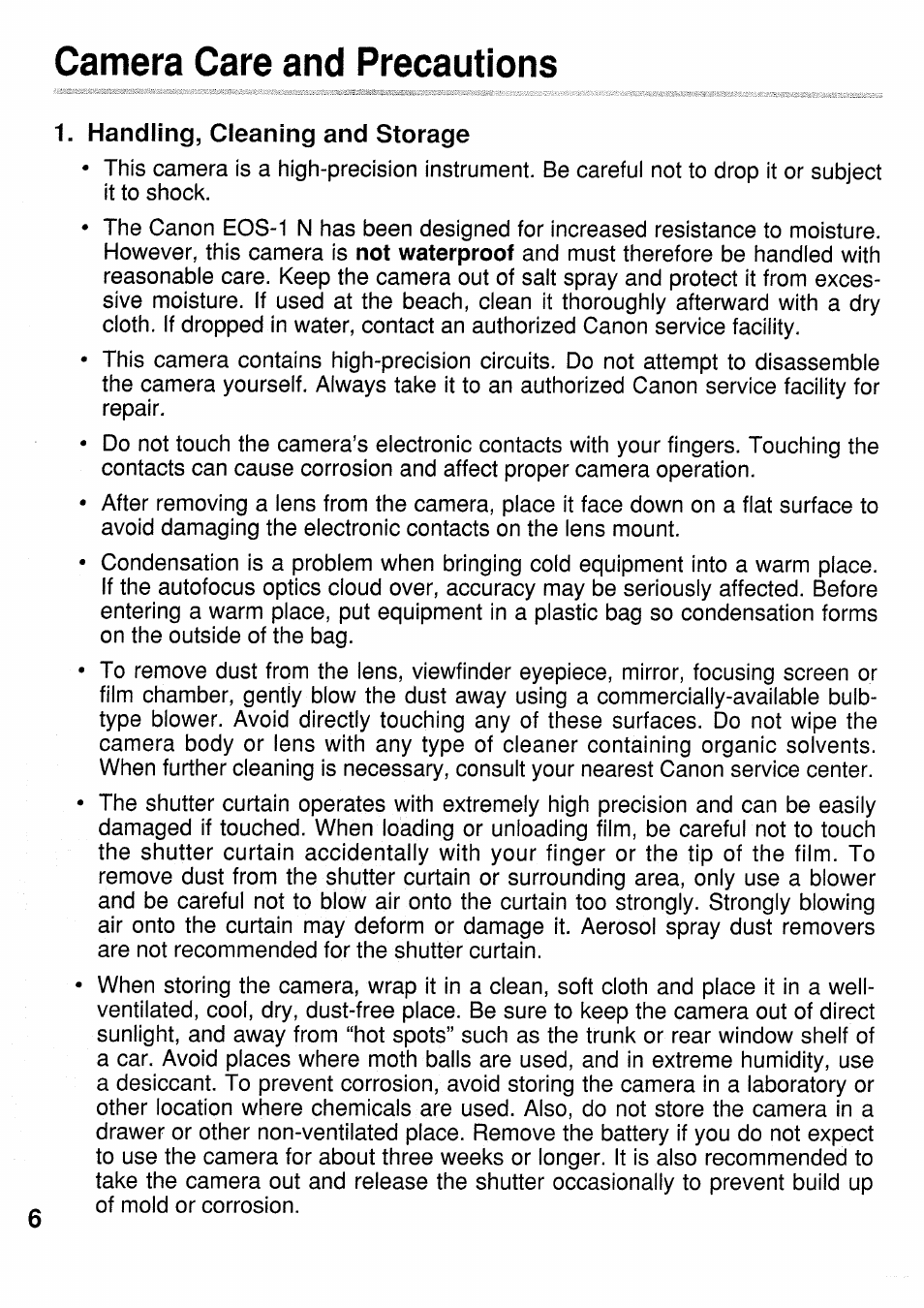 Camera care and precautions | Canon EOS 1 N User Manual | Page 6 / 30