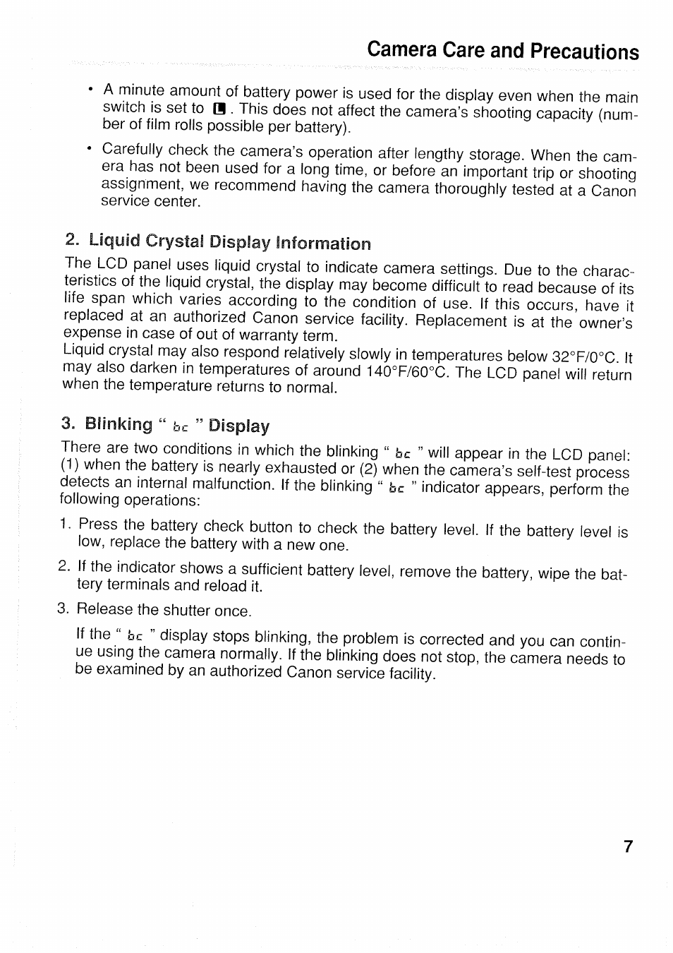 Camera care and precautions | Canon EOS 1 N User Manual | Page 7 / 30