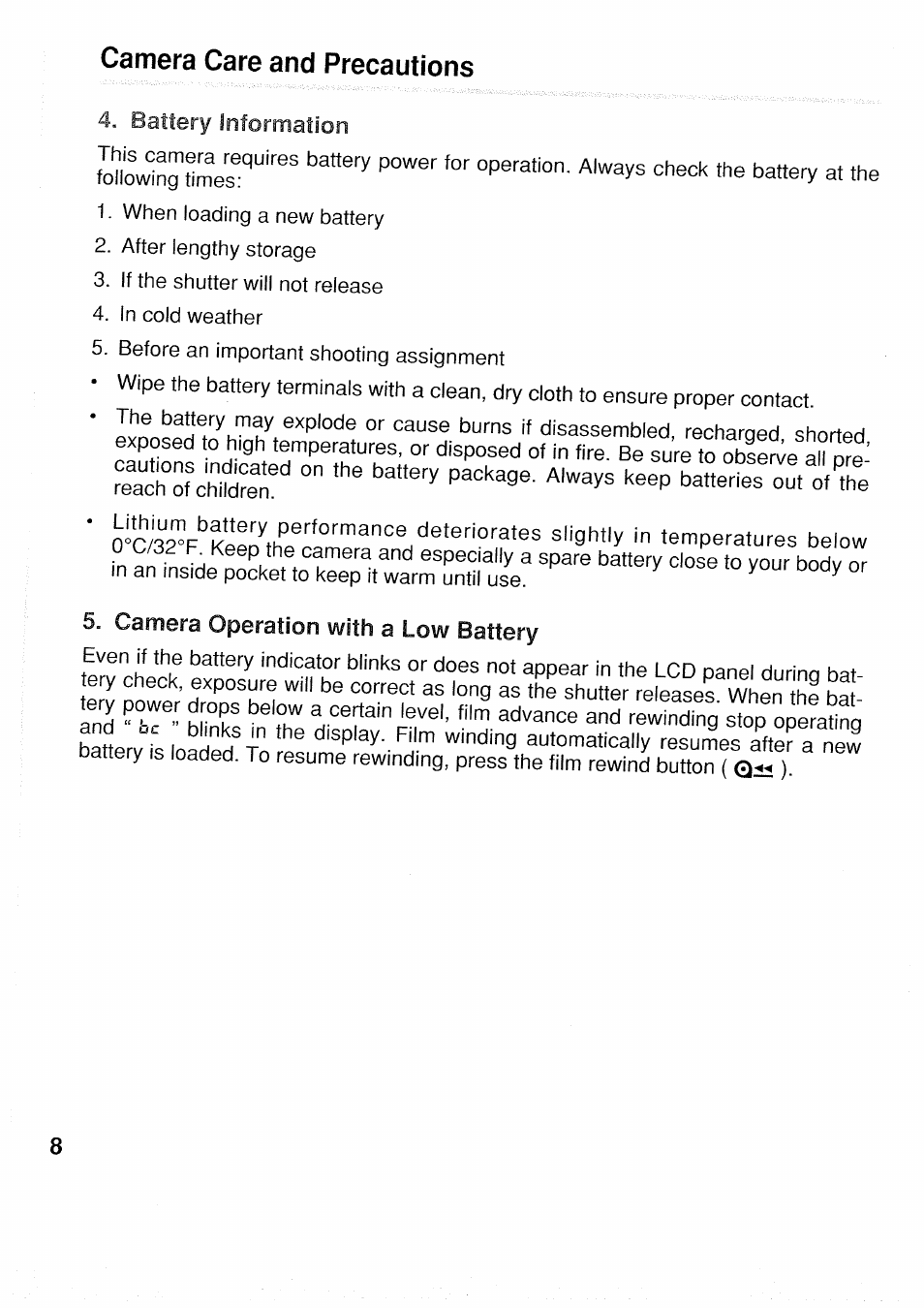Camera care and precautions | Canon EOS 1 N User Manual | Page 8 / 30