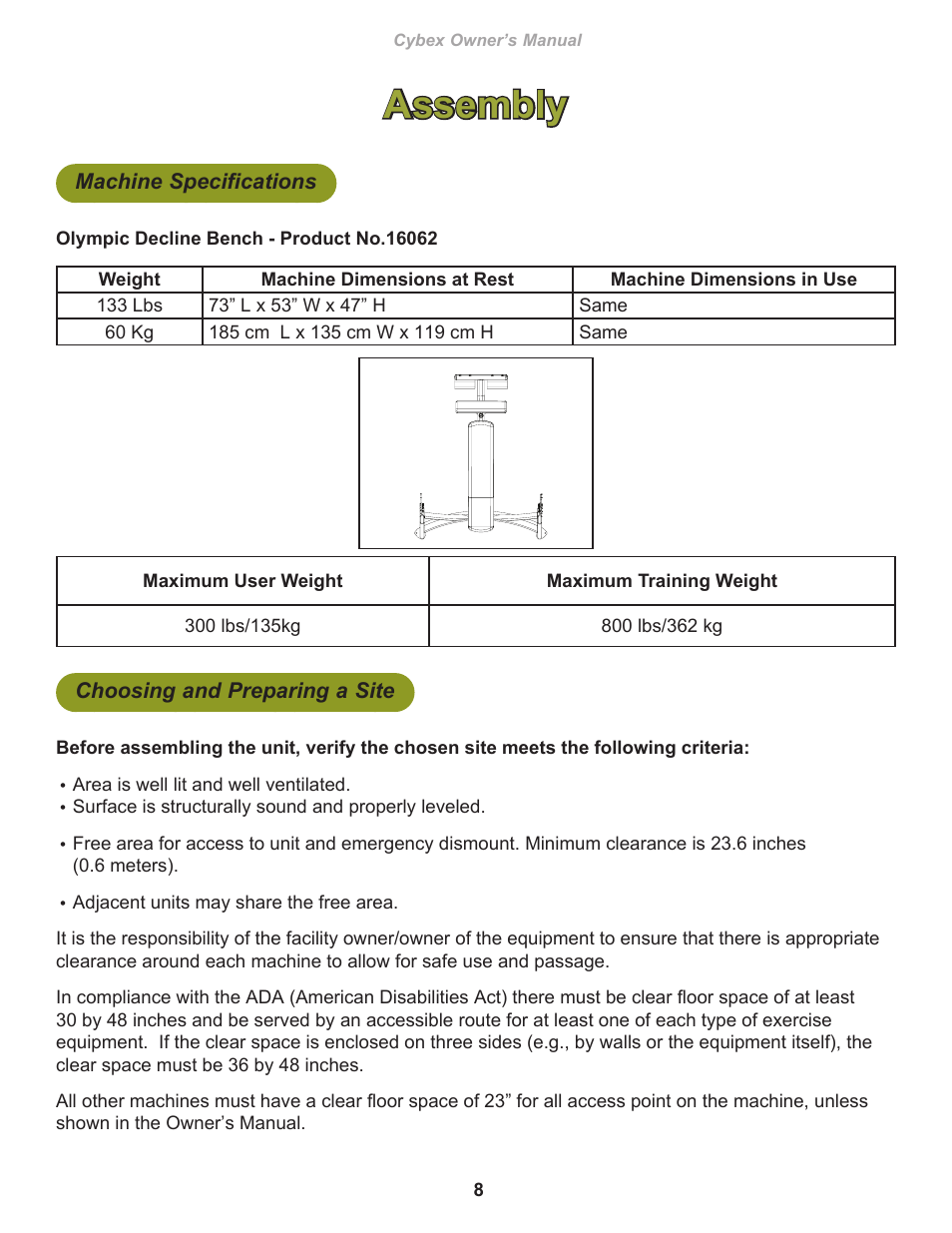 Assembly, Machine specifications, Choosing and preparing a site | Cybex 16062 Free Weight Olympic Decline Press User Manual | Page 8 / 18