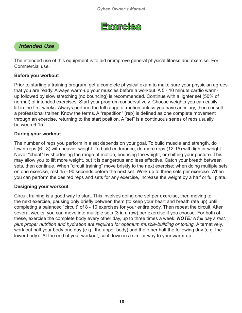 Exercise, Intended use | Cybex 16063 Free Weight Olympic Decline Press User Manual | Page 10 / 18