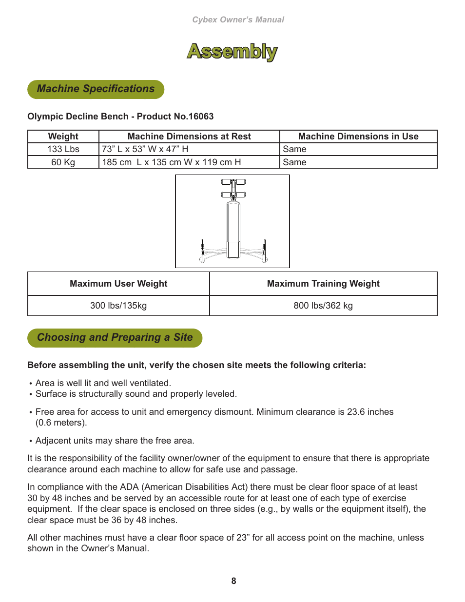 Assembly, Machine specifications, Choosing and preparing a site | Cybex 16063 Free Weight Olympic Decline Press User Manual | Page 8 / 18