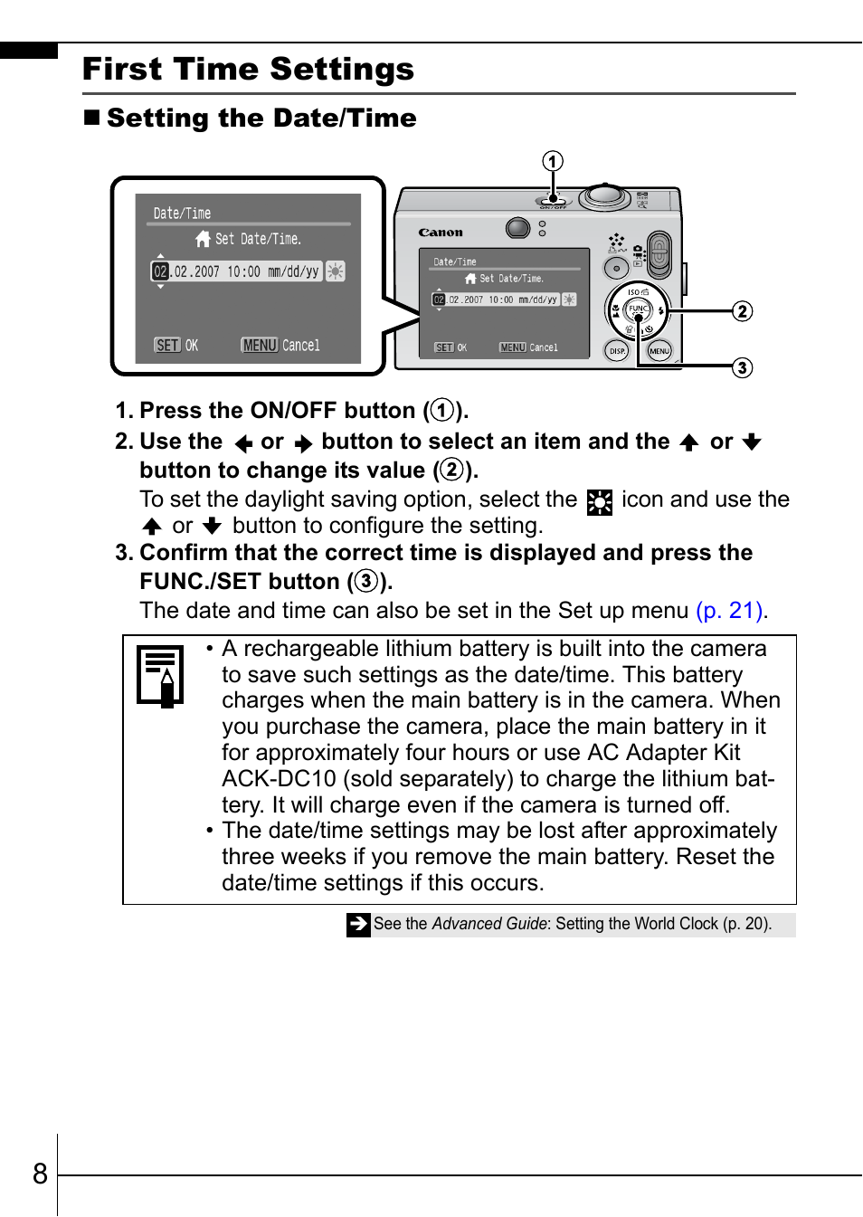 First time settings | Canon 70 User Manual | Page 10 / 36