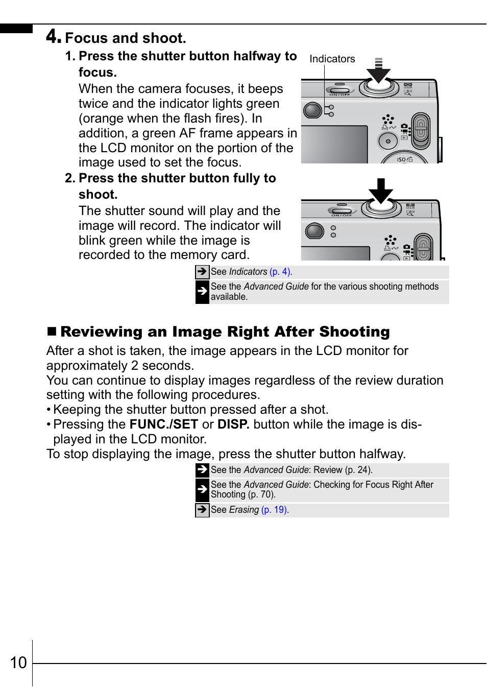 P. 10), Focus and shoot, Reviewing an image right after shooting | Canon 70 User Manual | Page 12 / 36