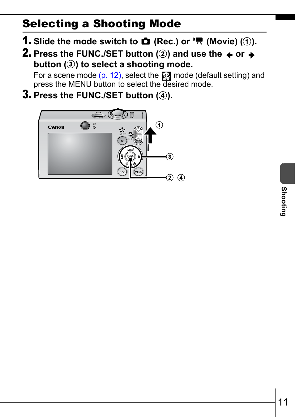Selecting a shooting mode | Canon 70 User Manual | Page 13 / 36