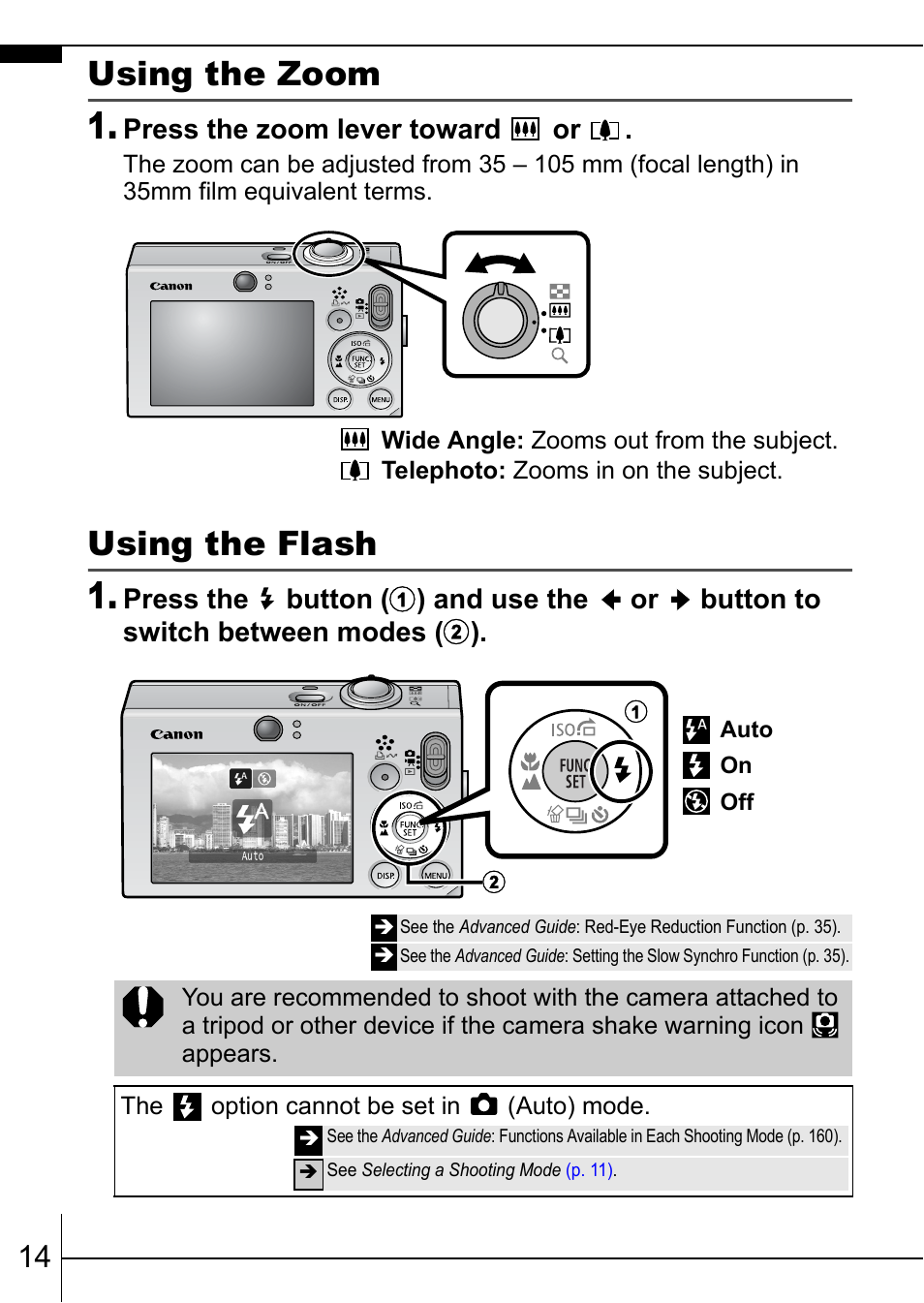 P. 14), P. 14, Using the zoom | Using the flash | Canon 70 User Manual | Page 16 / 36