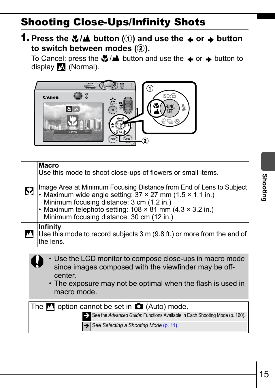 P. 15), Shooting close-ups/infinity shots | Canon 70 User Manual | Page 17 / 36