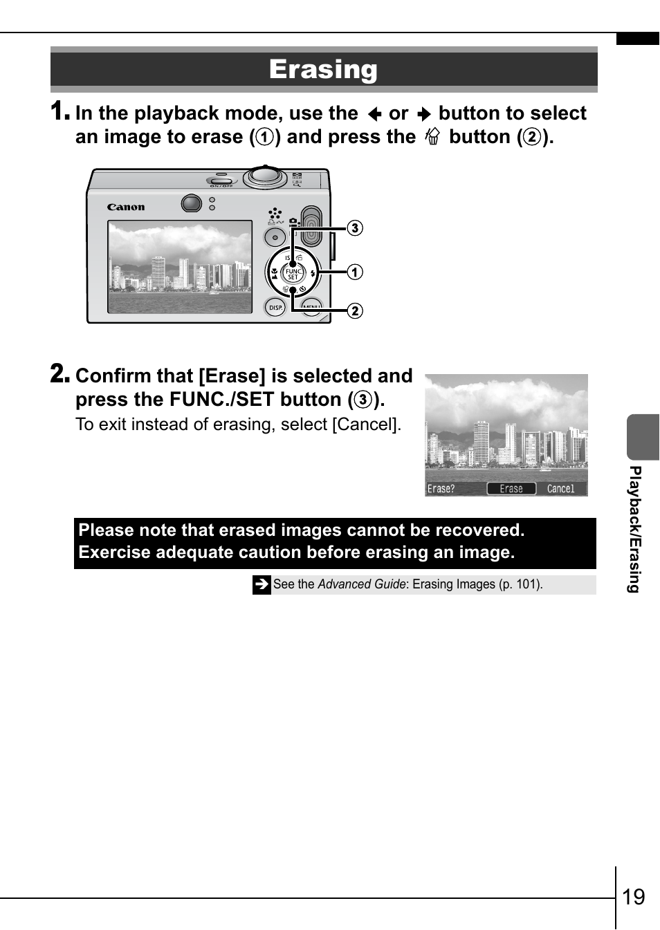 Erasing, P. 19) | Canon 70 User Manual | Page 21 / 36
