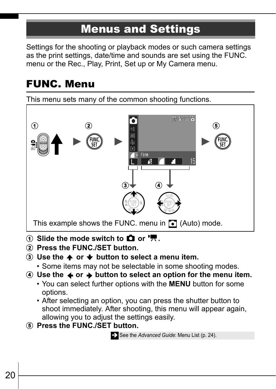 Menus and settings, P. 20, Func. menu | Canon 70 User Manual | Page 22 / 36