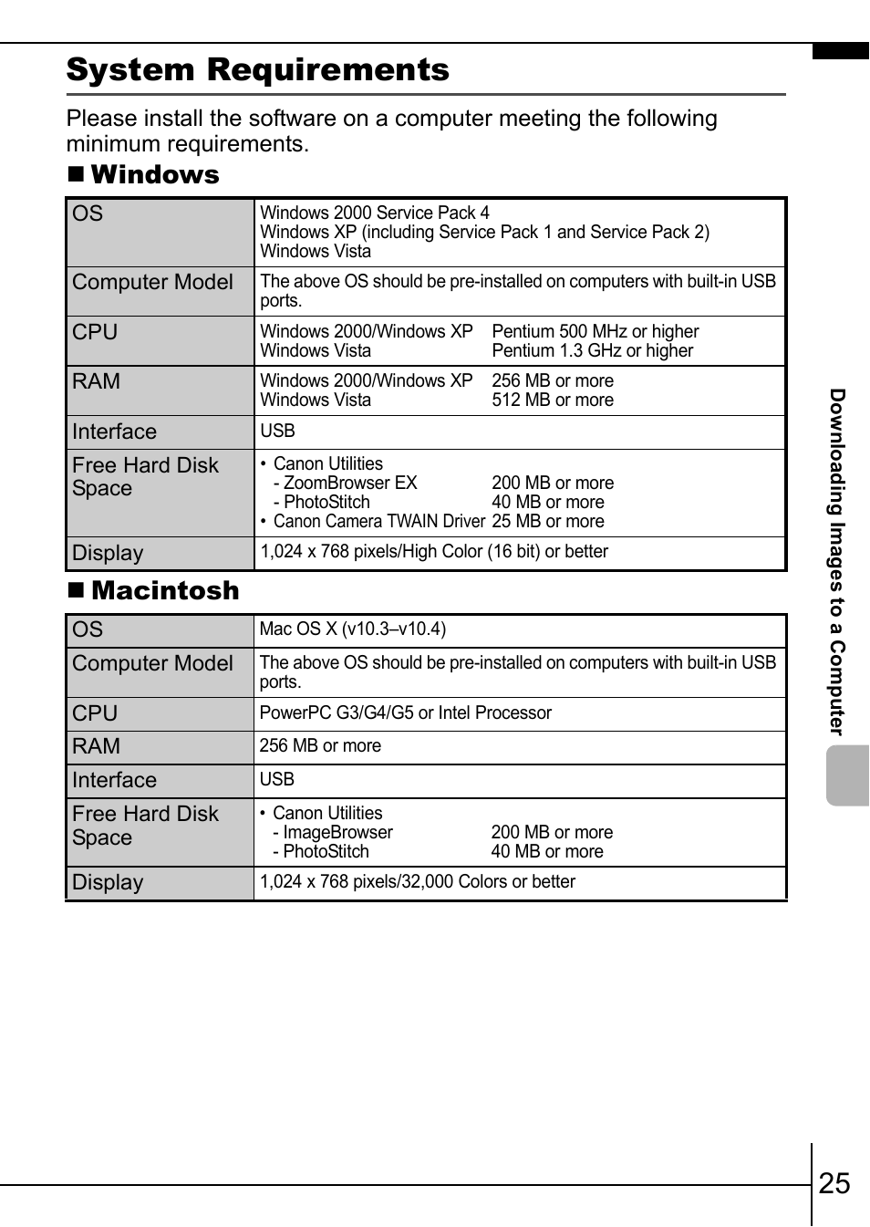 P. 25), System requirements, Windows  macintosh | Canon 70 User Manual | Page 27 / 36