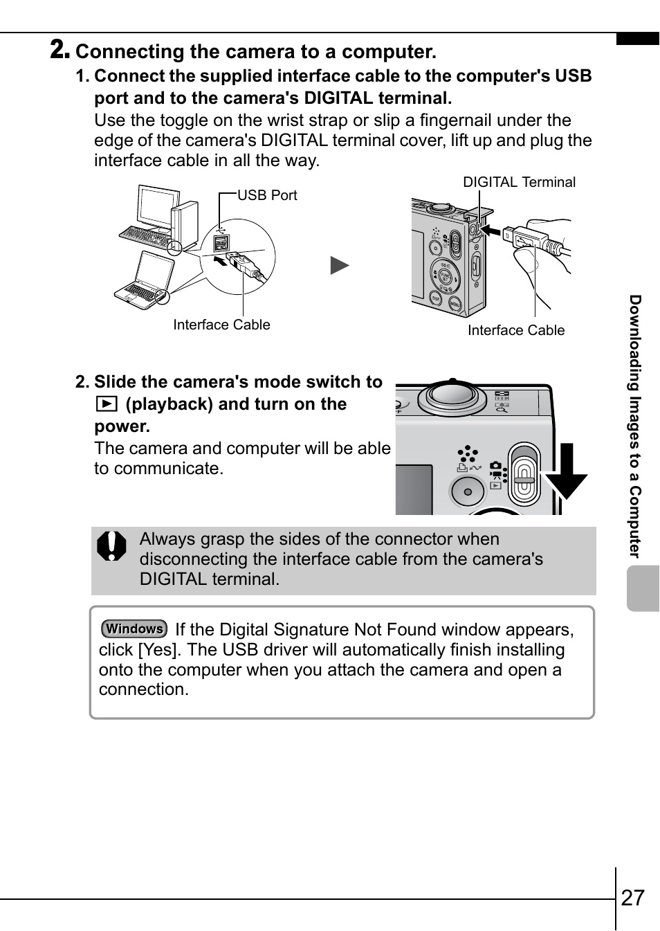 P. 27), Connecting the camera to a computer | Canon 70 User Manual | Page 29 / 36