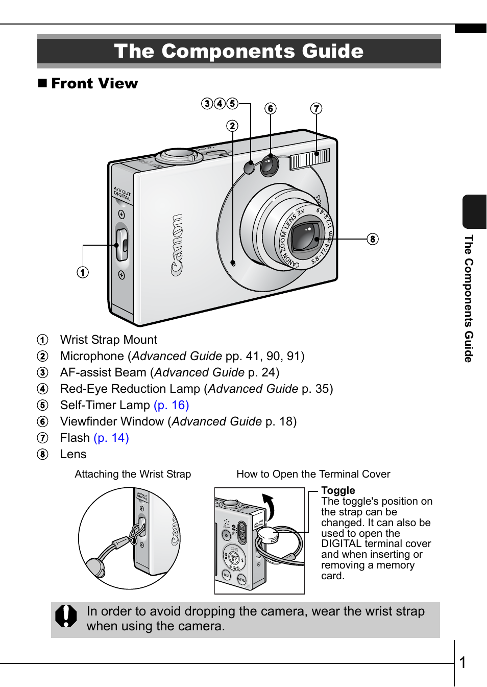 The components guide, Front view | Canon 70 User Manual | Page 3 / 36