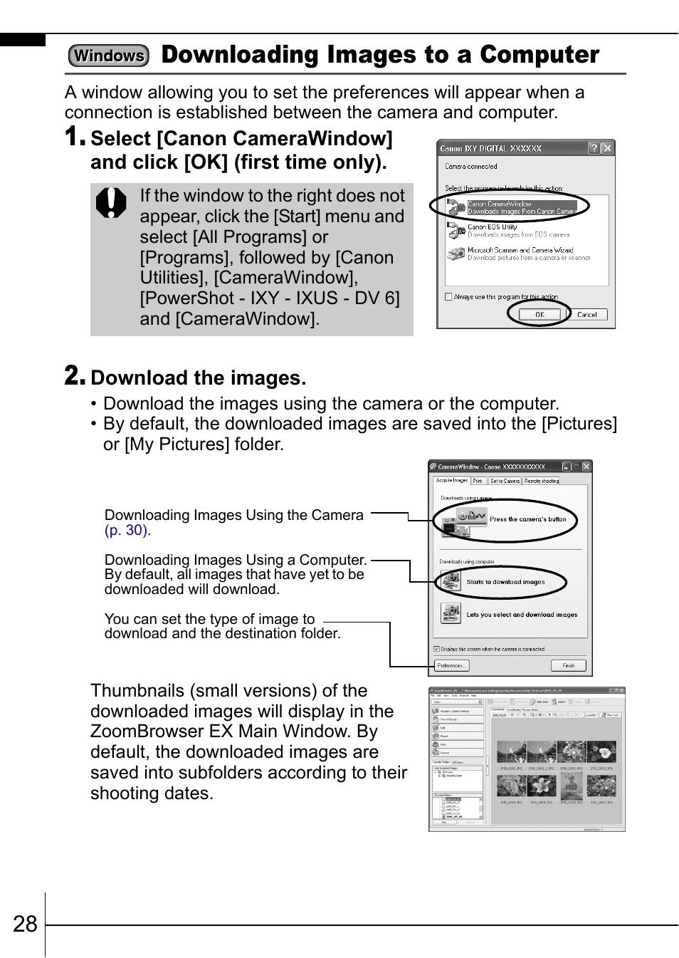 Pp. 28, Downloading images to a computer | Canon 70 User Manual | Page 30 / 36