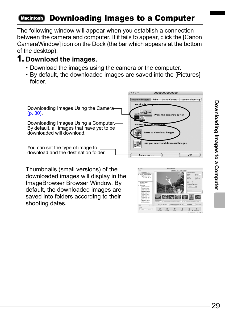 Downloading images to a computer, Download the images | Canon 70 User Manual | Page 31 / 36