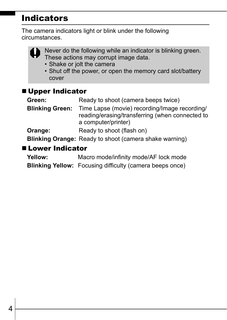 P. 4), Indicators | Canon 70 User Manual | Page 6 / 36