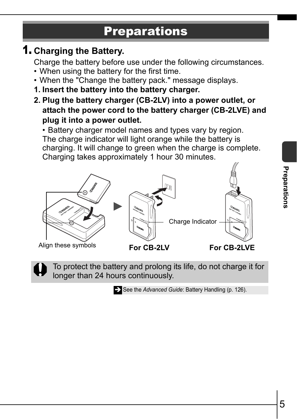 Preparations, Charging the battery | Canon 70 User Manual | Page 7 / 36