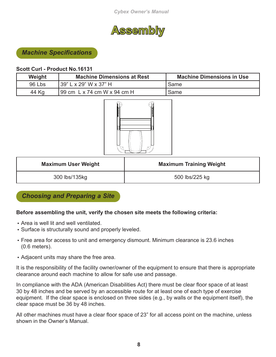 Assembly, Machine specifications, Choosing and preparing a site | Cybex 16131 Free Weight Scott Curl User Manual | Page 8 / 18