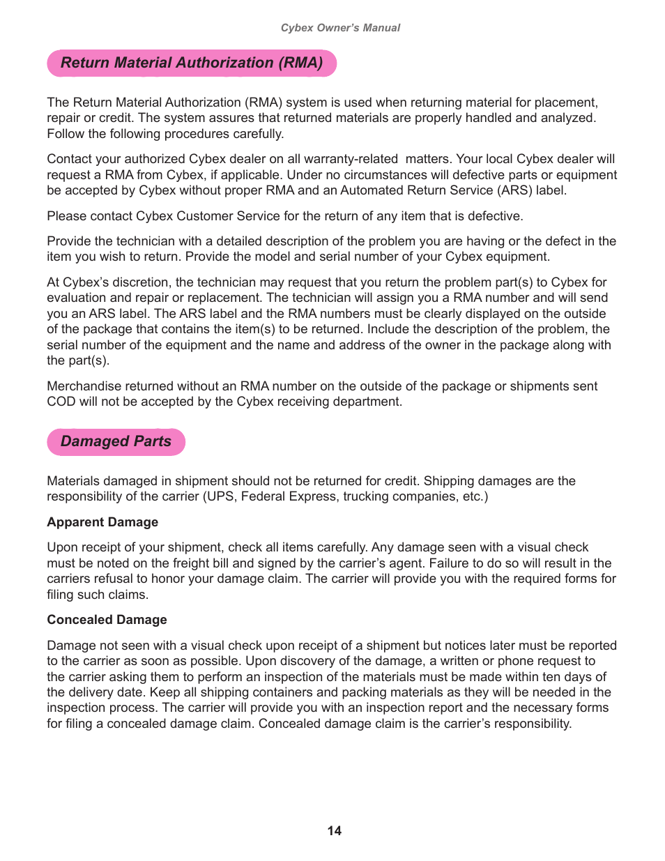 Return material authorization (rma), Damaged parts | Cybex 16140 Free Weight Weight Tree User Manual | Page 14 / 16