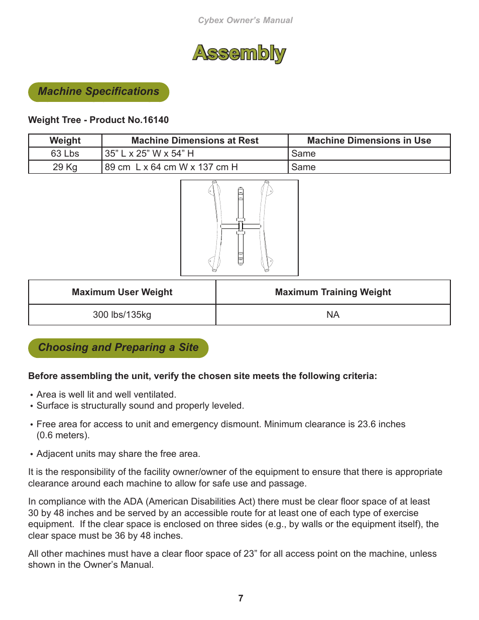 Assembly, Machine specifications, Choosing and preparing a site | Cybex 16140 Free Weight Weight Tree User Manual | Page 7 / 16
