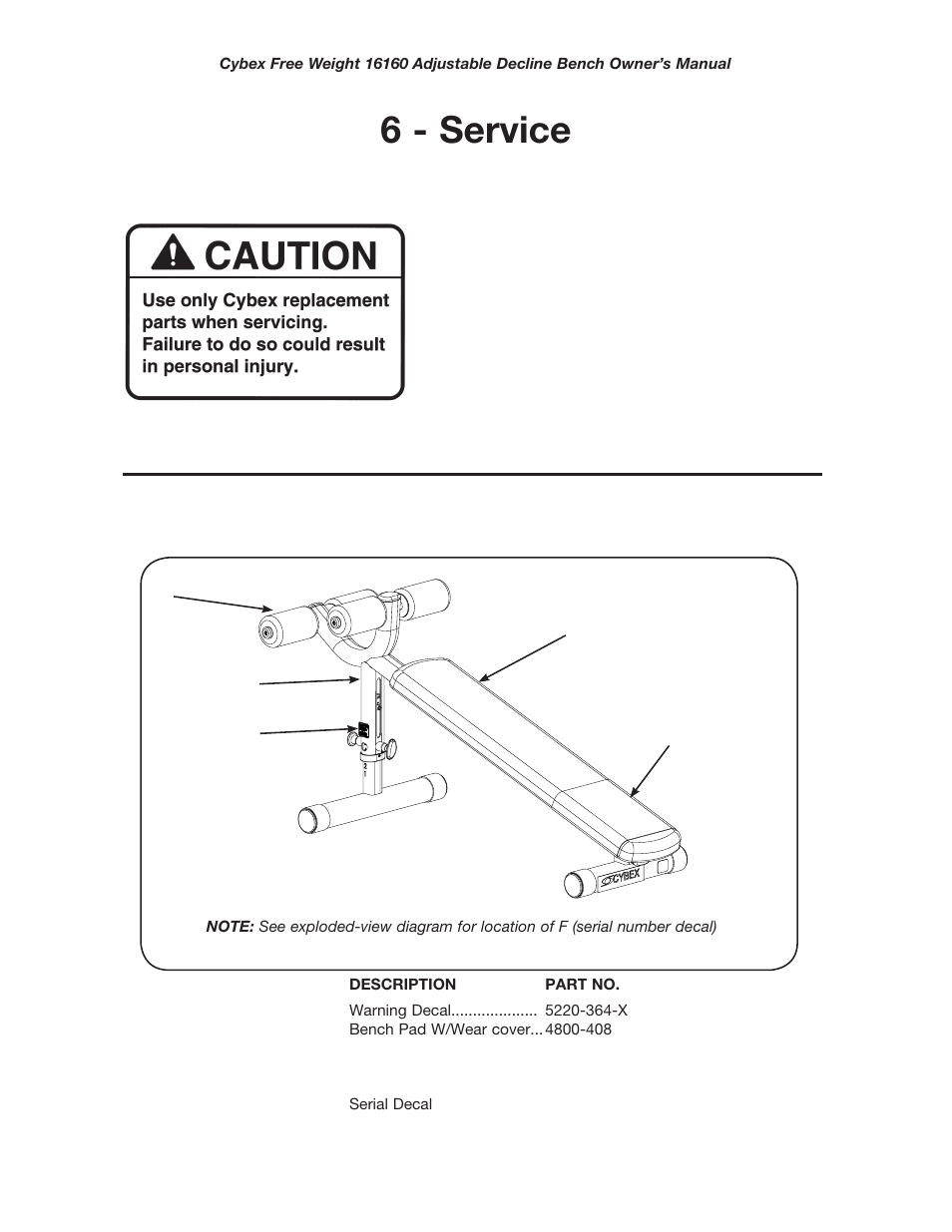 6 - service, Free weight adjustable decline bench | Cybex 16160 Free Weight Adjustable Decline Bench User Manual | Page 15 / 18