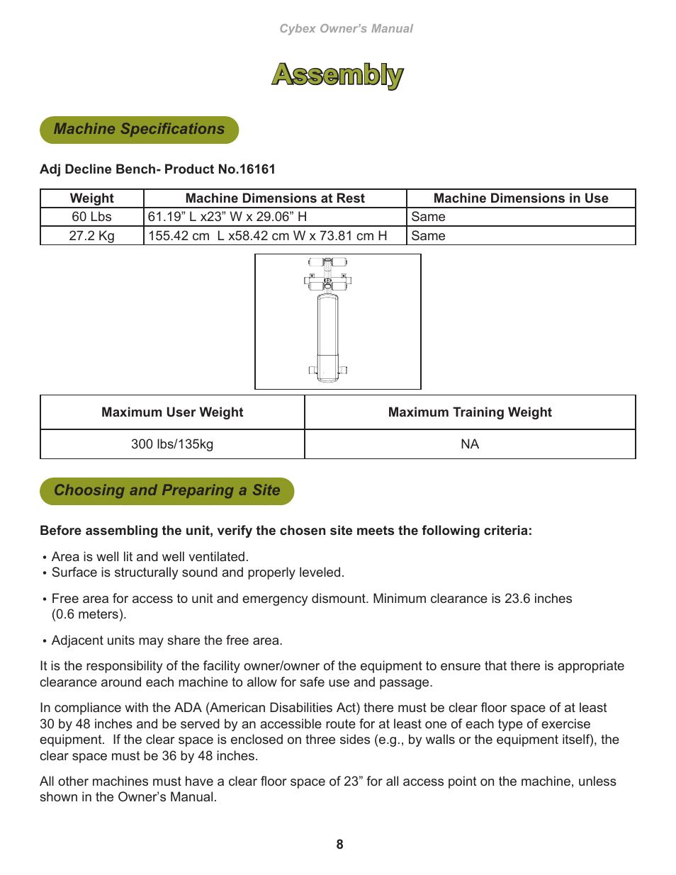 Assembly, Machine specifications, Choosing and preparing a site | Cybex 16161 Free Weight Adj Decline Bench User Manual | Page 8 / 18