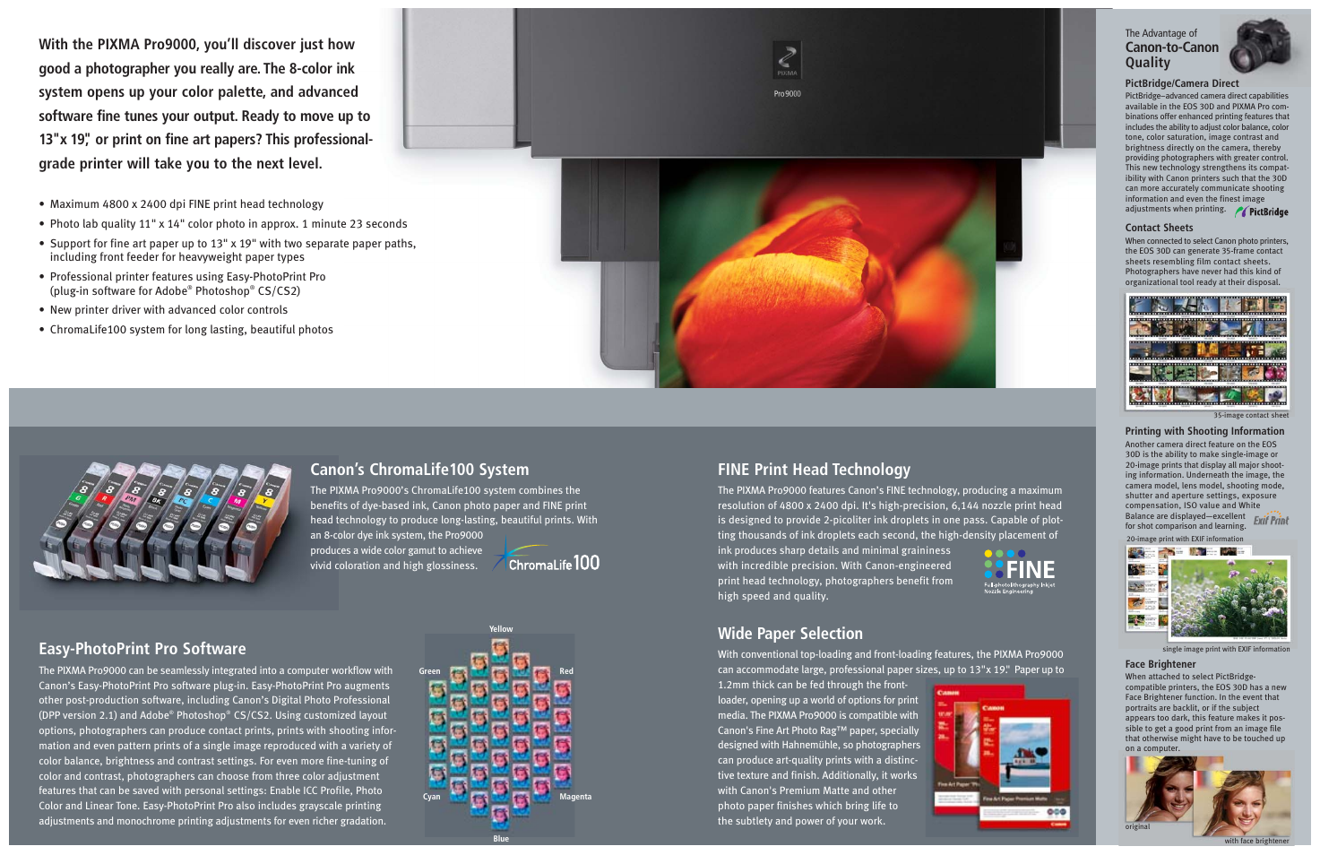 Easy-photoprint pro software, Canon’s chromalife100 system, Wide paper selection | Fine print head technology, Canon-to-canon quality | Canon PRO9000 User Manual | Page 2 / 2