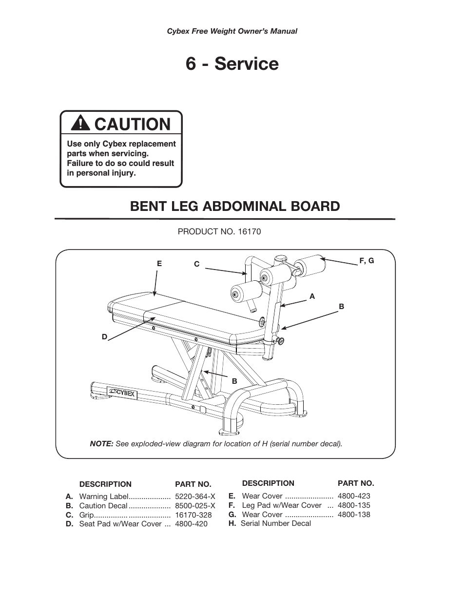 6 - service, Bent leg abdominal board | Cybex 16170 Free Weight BLAB User Manual | Page 15 / 20