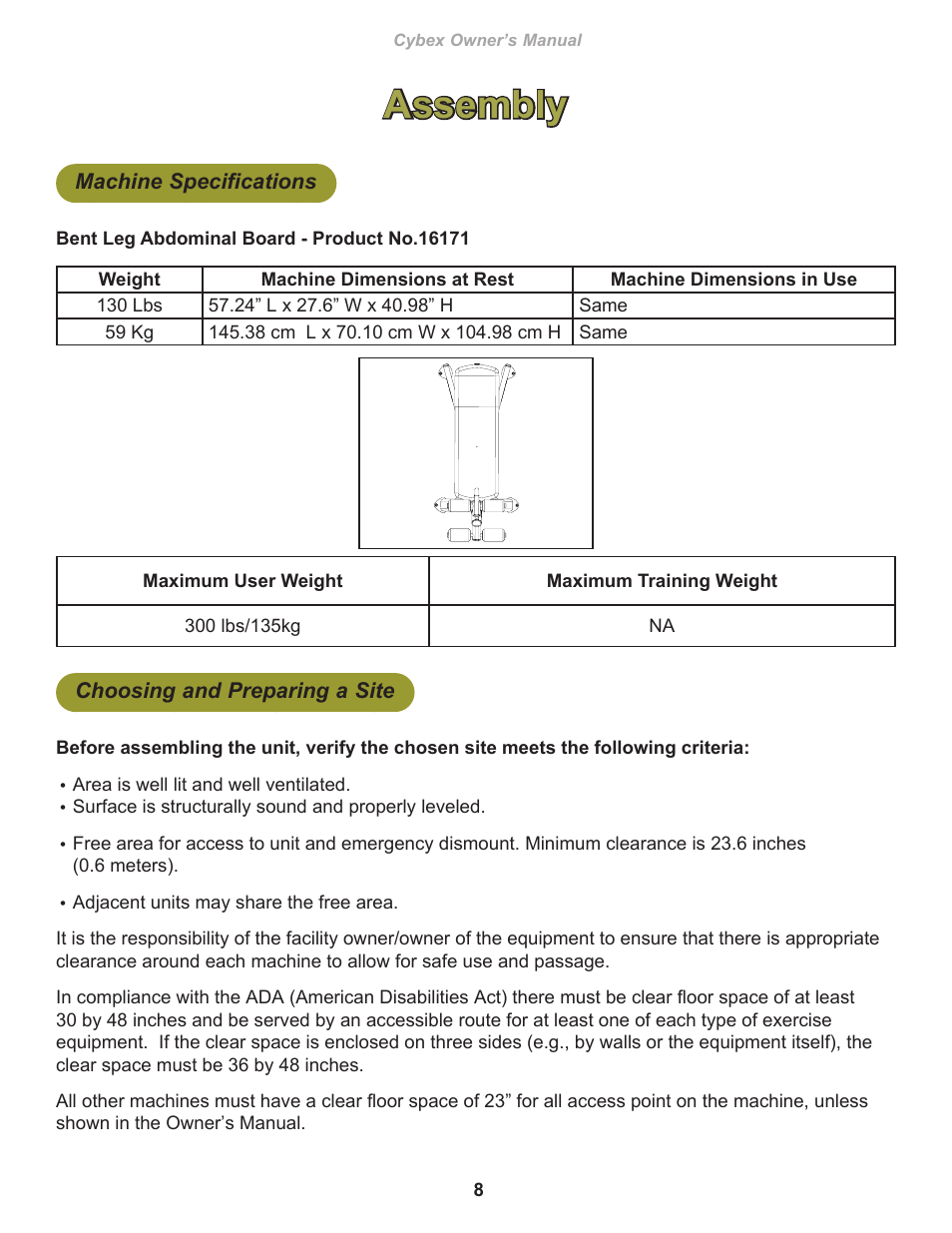 Assembly, Machine specifications, Choosing and preparing a site | Cybex 16171 Free Weight BLAB User Manual | Page 8 / 18