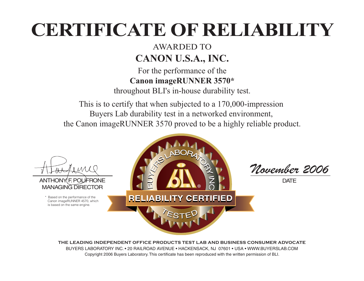 Certificate of reliability, November, Canon u.s.a., inc | Awarded to | Canon iR 3570 User Manual | Page 23 / 23