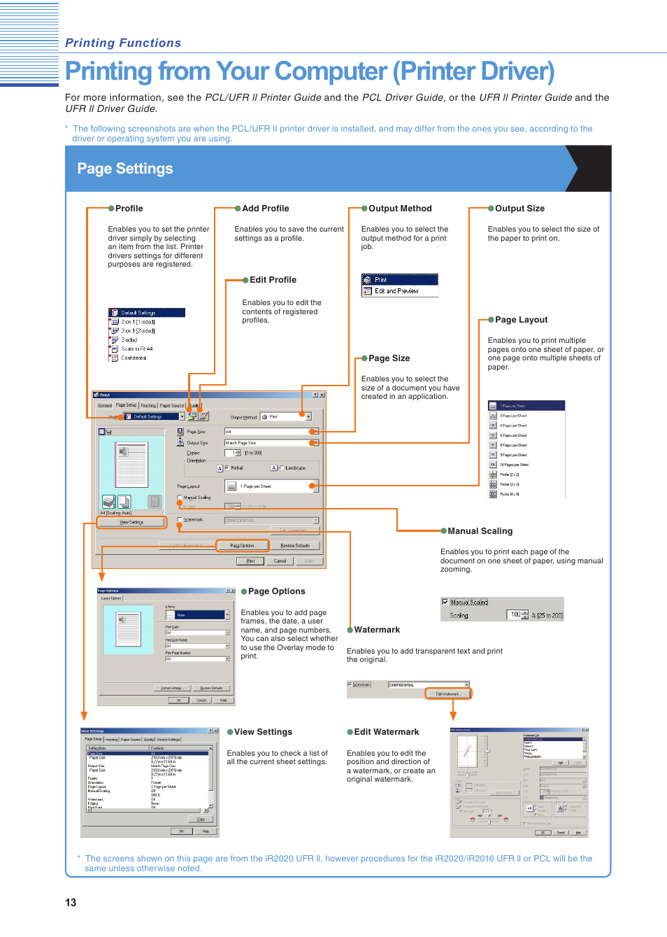 Printing functions, Printing from your computer (printer driver), Page settings | Canon IR2020 User Manual | Page 14 / 30