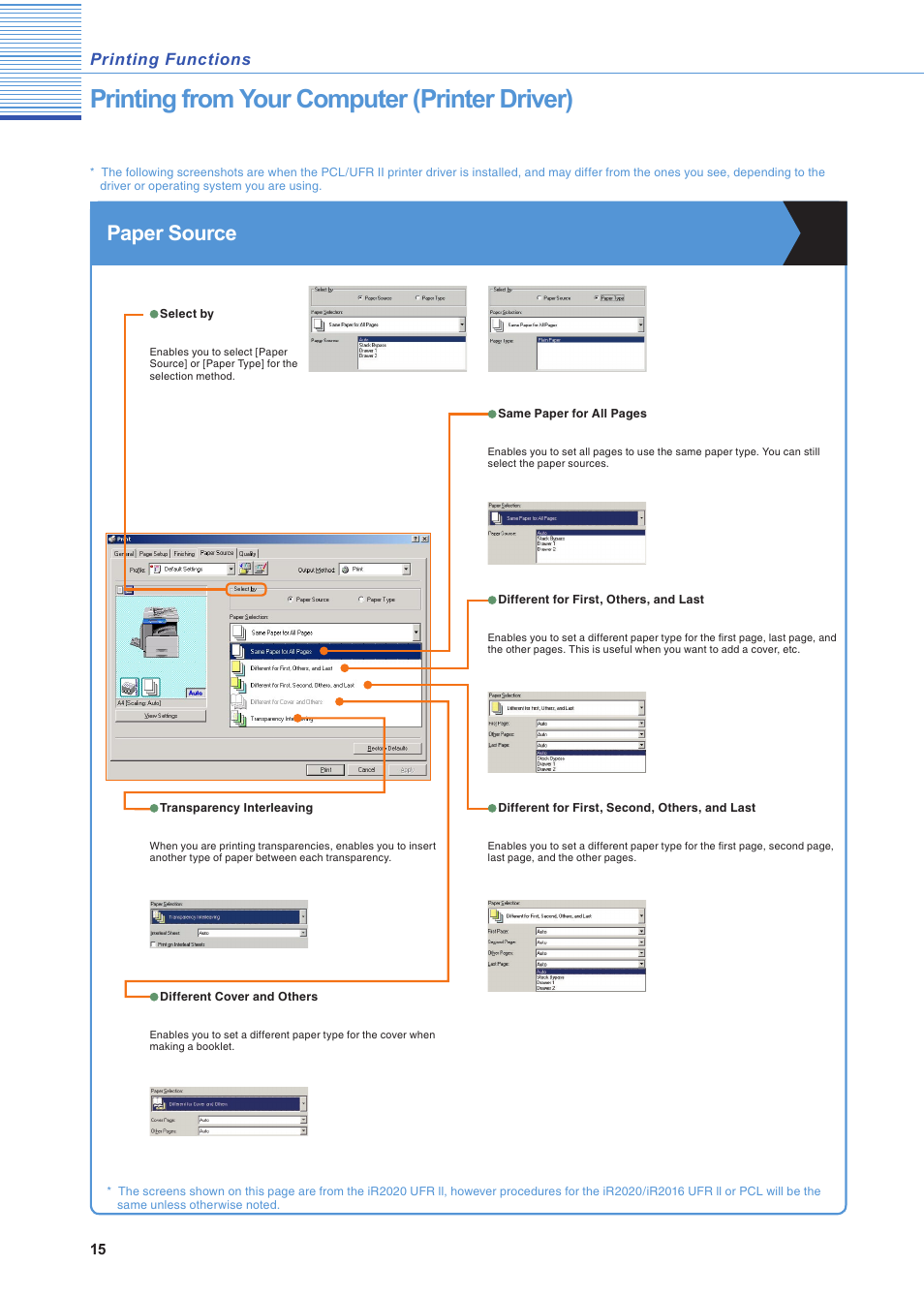 Printing from your computer (printer driver), Paper source, Printing functions | Canon IR2020 User Manual | Page 16 / 30