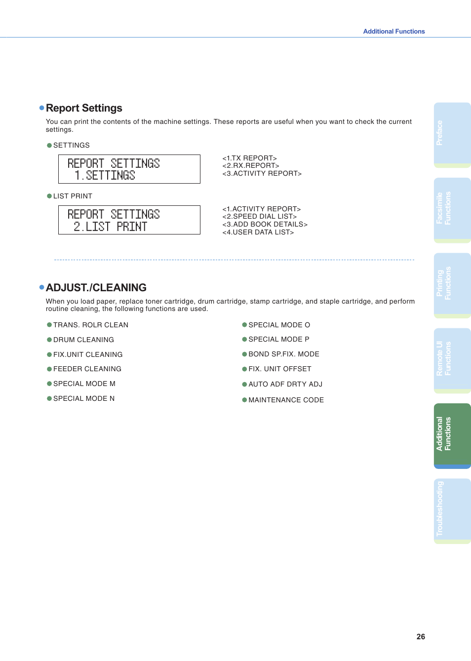 Report settings, Adjust./cleaning | Canon IR2020 User Manual | Page 27 / 30