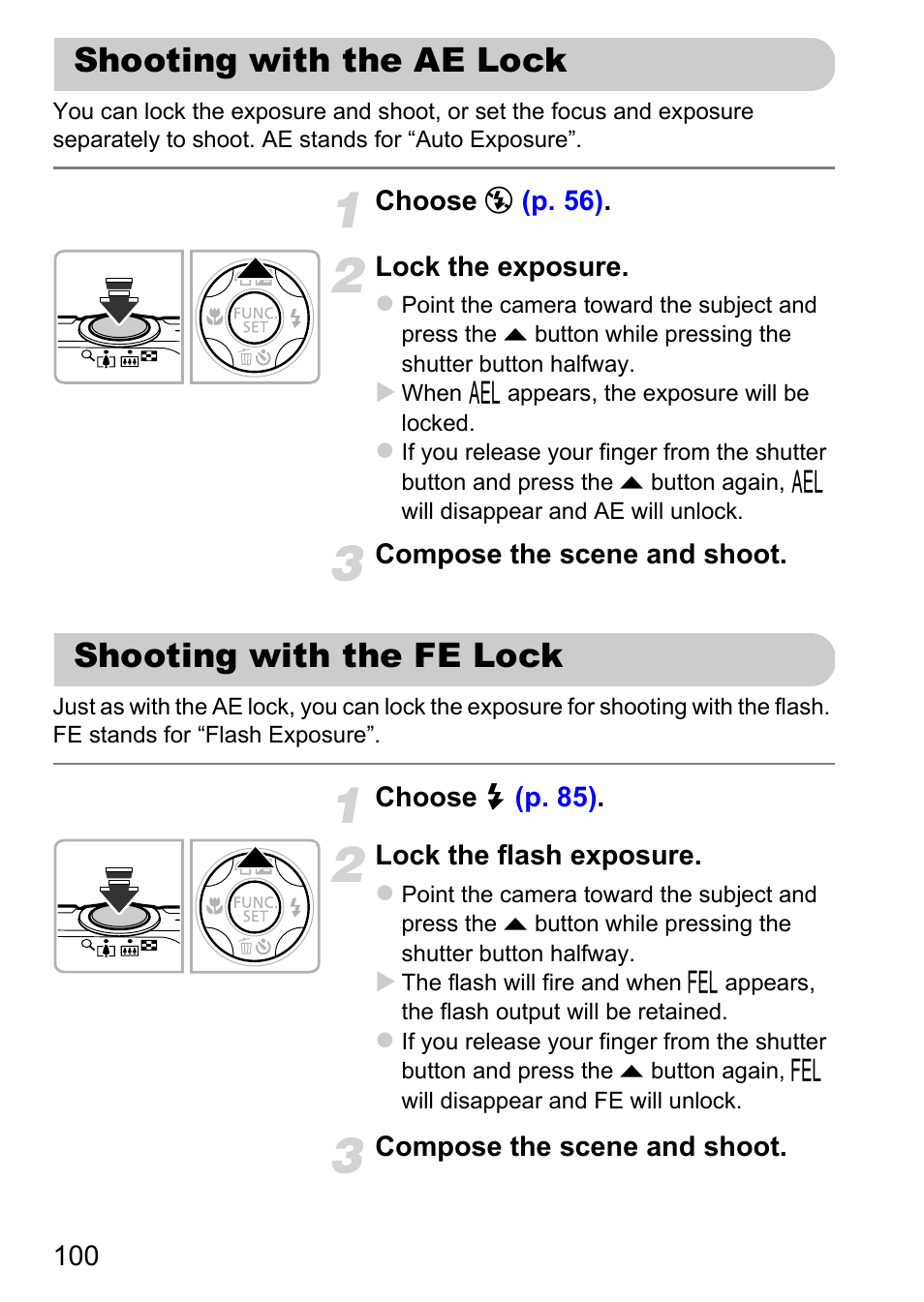 Shooting with the ae lock, Shooting with the fe lock | Canon A2200 User Manual | Page 100 / 201