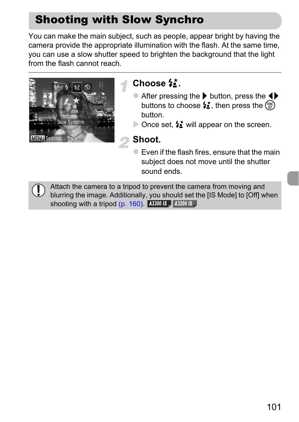 Shooting with slow synchro, Choose, Shoot | Canon A2200 User Manual | Page 101 / 201