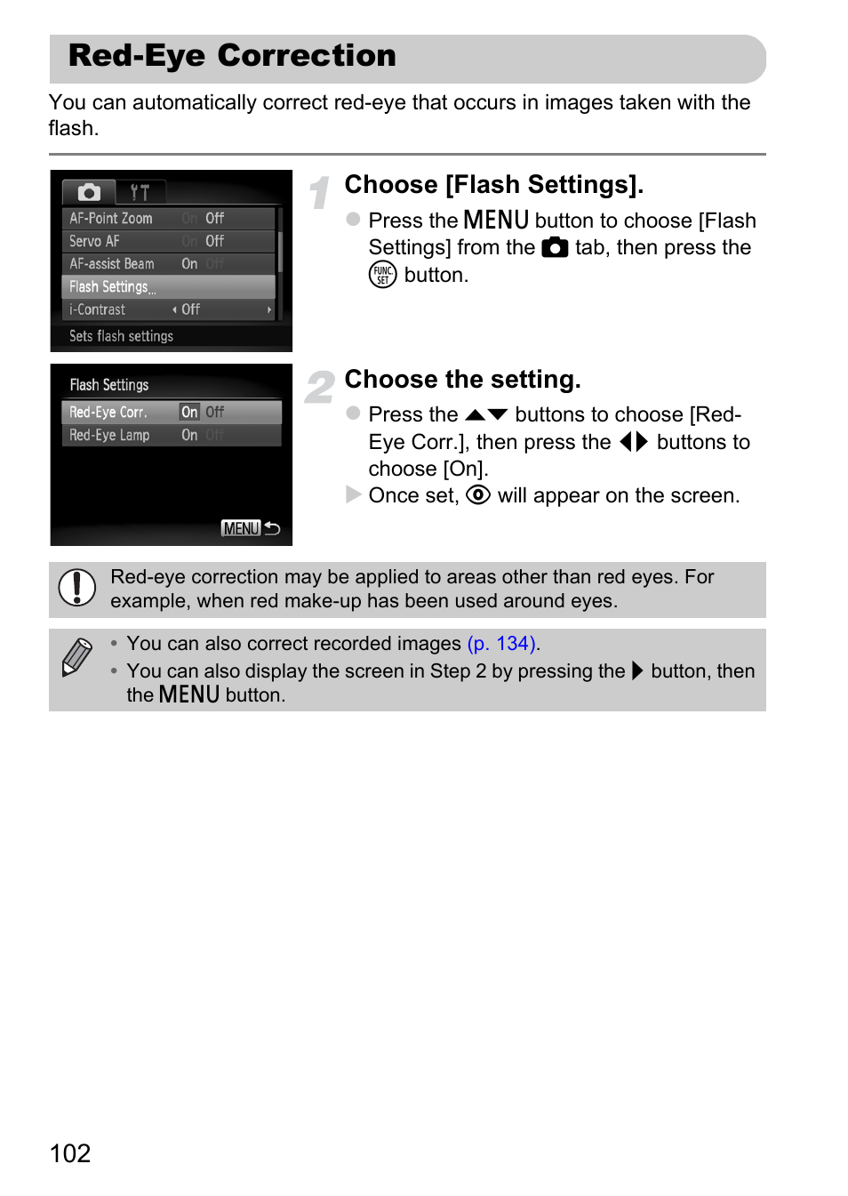 Red-eye correction, Choose [flash settings, Choose the setting | Canon A2200 User Manual | Page 102 / 201