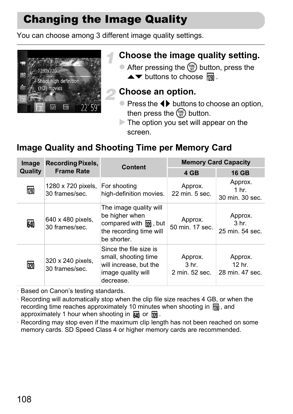Changing the image quality, P. 108), Choose the image quality setting | Choose an option | Canon A2200 User Manual | Page 108 / 201