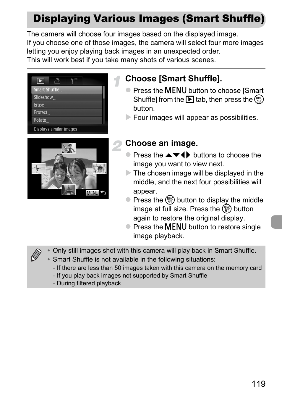 Displaying various images (smart shuffle), Displaying various images, Smart shuffle) | Choose [smart shuffle, Choose an image | Canon A2200 User Manual | Page 119 / 201