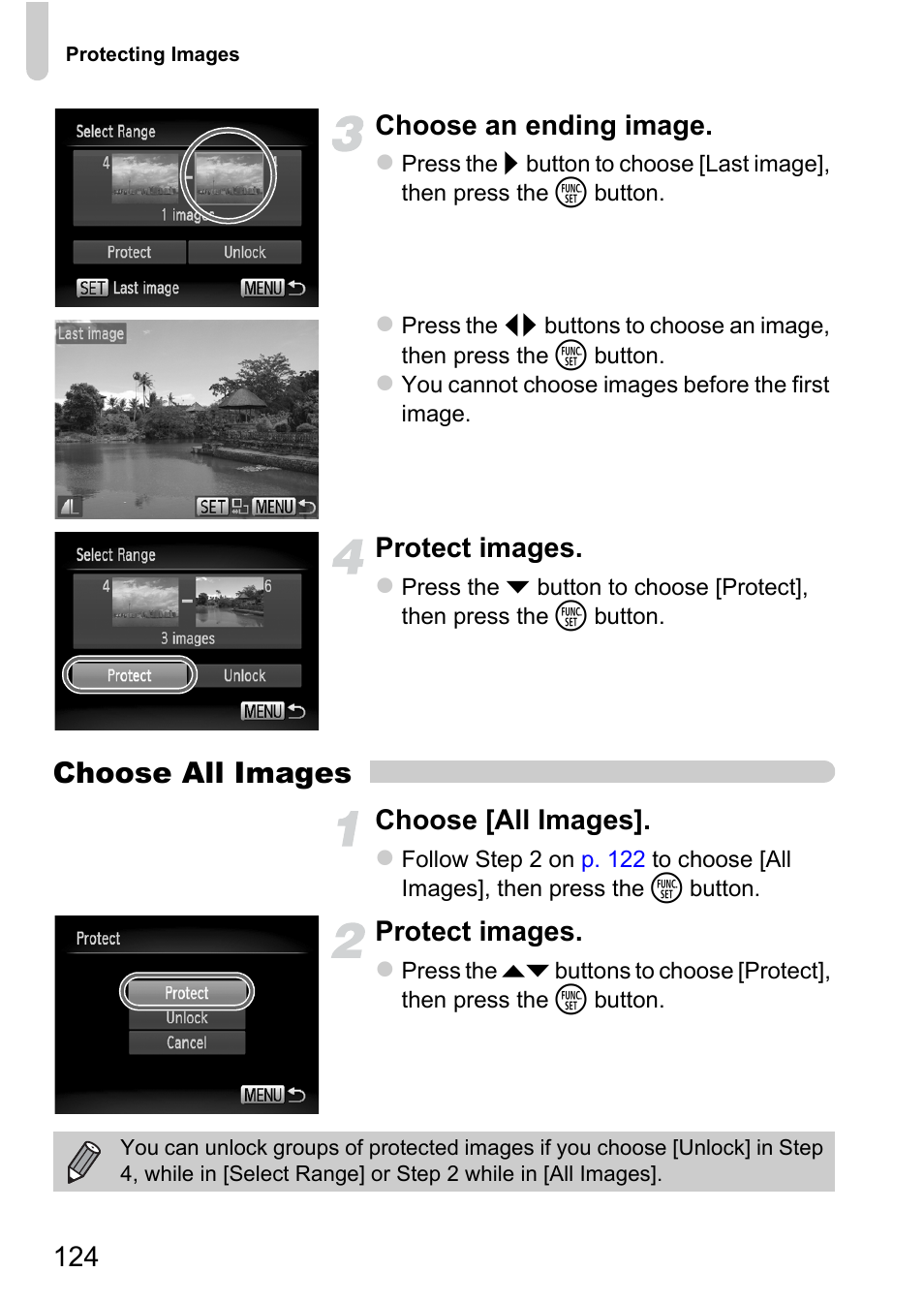 Choose all images, 124 choose an ending image, Protect images | Choose [all images | Canon A2200 User Manual | Page 124 / 201