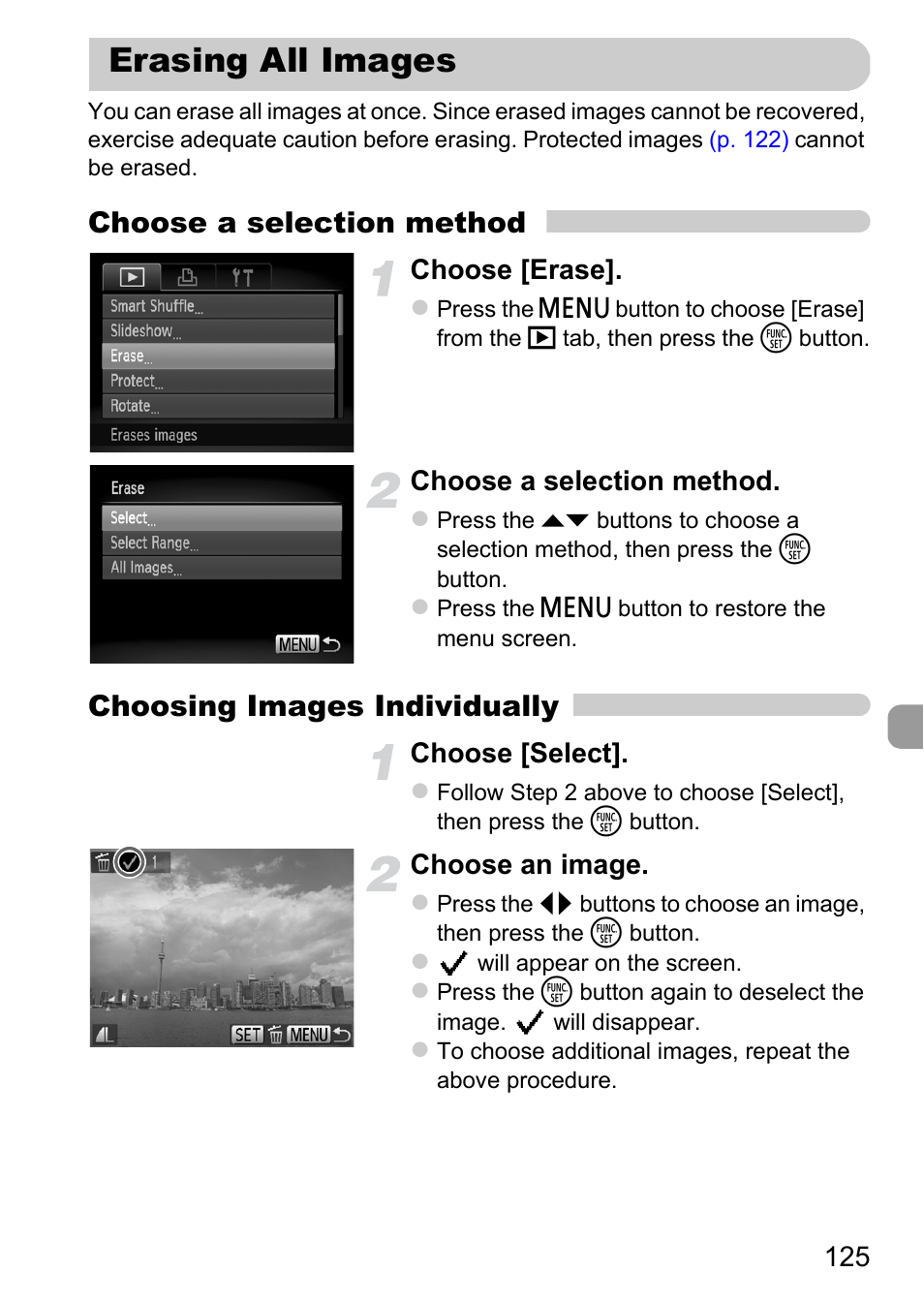 Erasing all images, Choose a selection method, Choosing images individually | Canon A2200 User Manual | Page 125 / 201